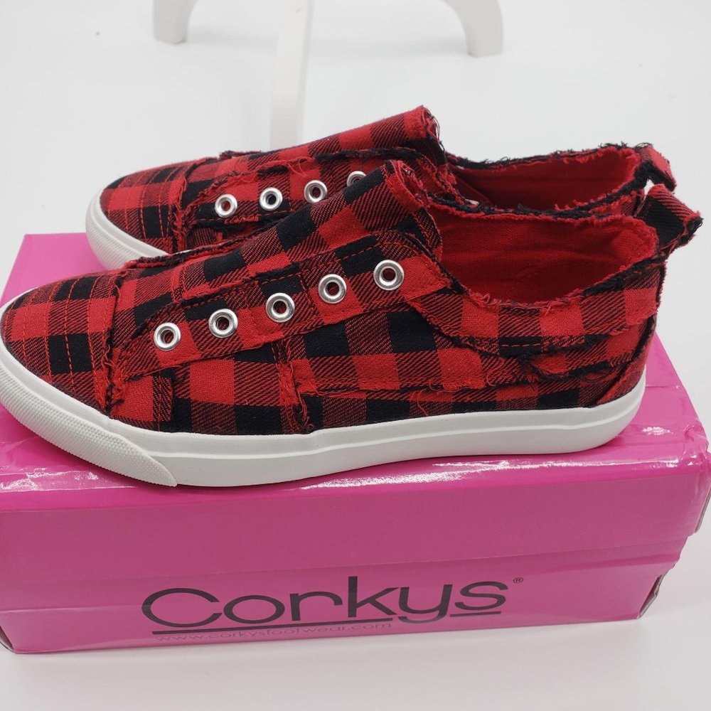 CORKYS Babalu Red Buffalo Plaid Slip On Sneakers Distressed Tennis Shoes 6-9 NWT - Picture 5 of 8